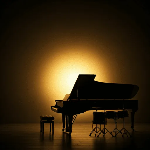 dramatic minimalist silhouette of a grand piano and a drum set in a dark concert hall